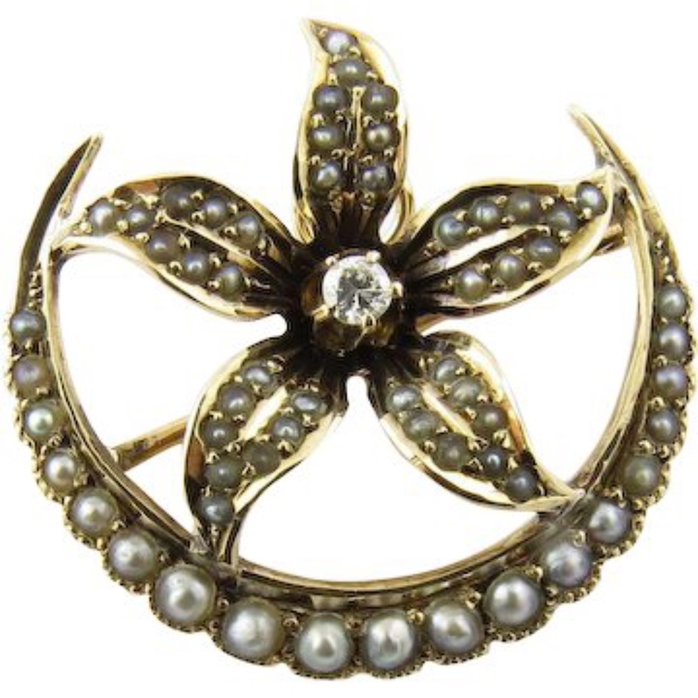 Vintage 10 Karat Yellow Gold Seed Pearl and Diamond Brooch/Pin #4367